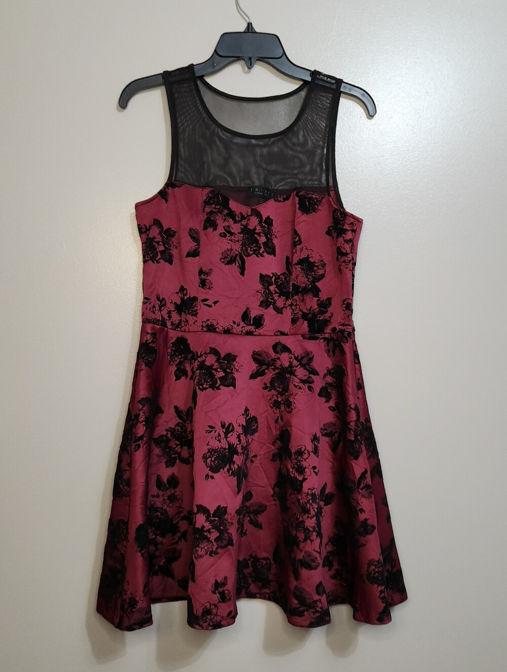 Trixxi Burgundy Floral Fit & Flare Dress with Black Mesh Yoke
